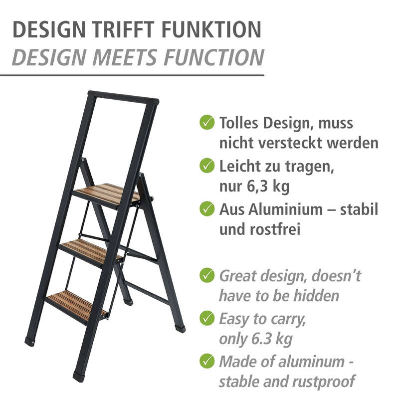 Wenko Folding Step Ladder Aluminium - 3 Steps - Black
