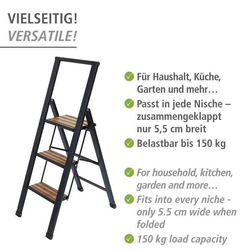 Wenko Folding Step Ladder Aluminium - 3 Steps - Black