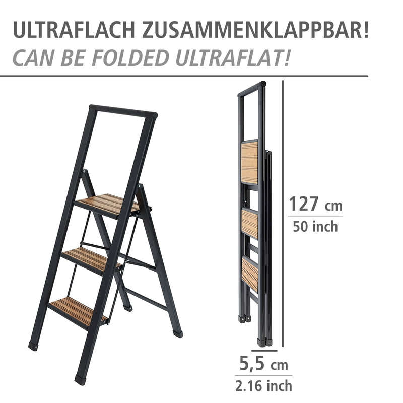 Wenko Folding Step Ladder Aluminium - 3 Steps - Black