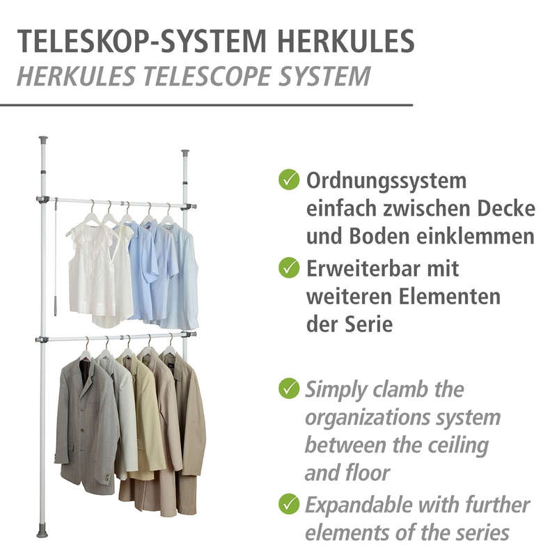 Wenko Clothing Organizer - Adjustable Telescopic System - Herkules - Basic - Grey