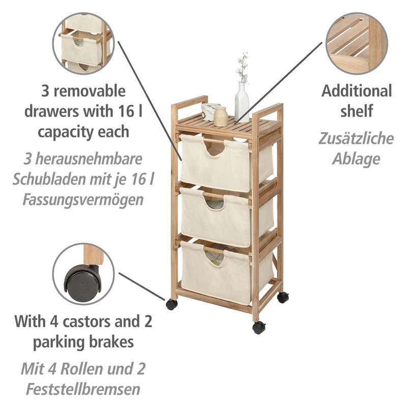 Wenko Laundry Trolley - 3 Drawers - Acina - Acacia Wood