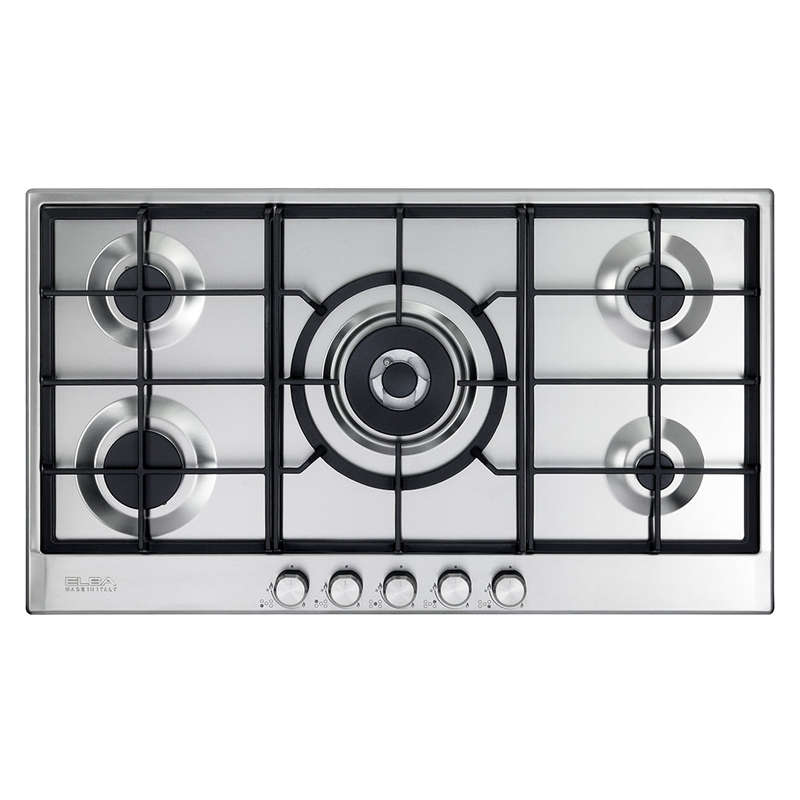 Elba Elio 90 Cm 5 Burner Gas Hob With Centre Wok Burner Stainless Steel