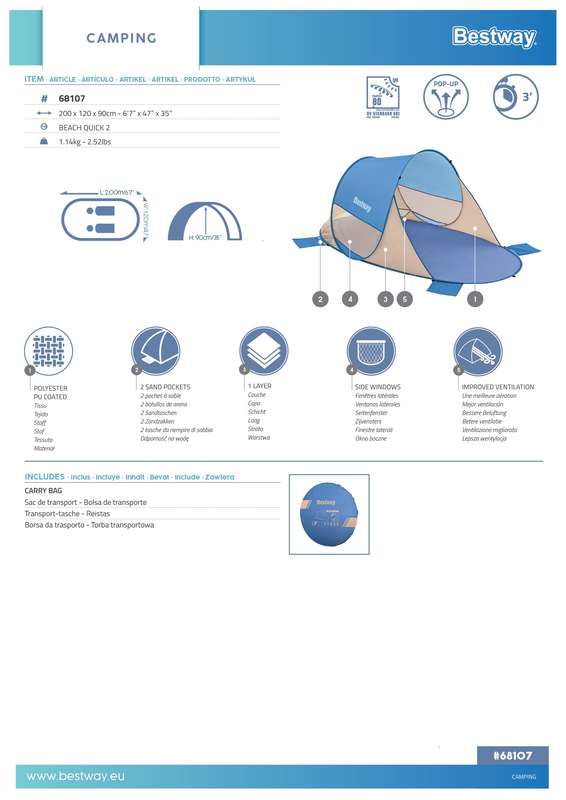 Pavillo 2.00 M X 1.20 M X 90 Cm Beach Quick 2 Tent