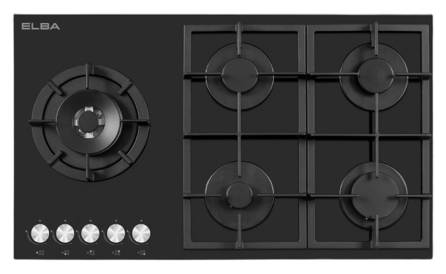 Elba 90 Cm 5 Burner Gas On Glass Hob Black