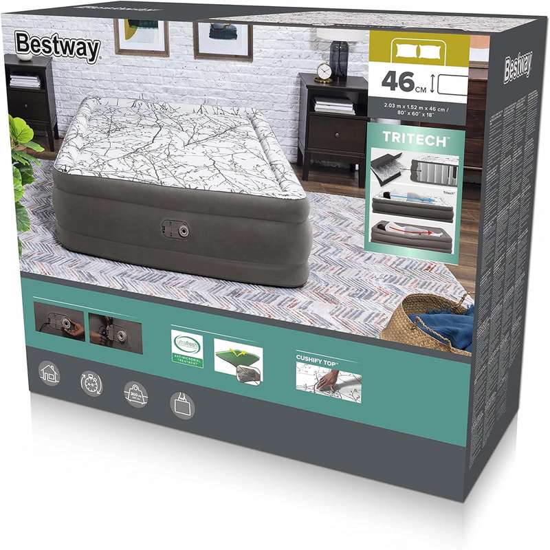 Bestway 2.03m X 1.52m X 46cm Tritech Airbed Queen Foam Top Built In Ac Pump