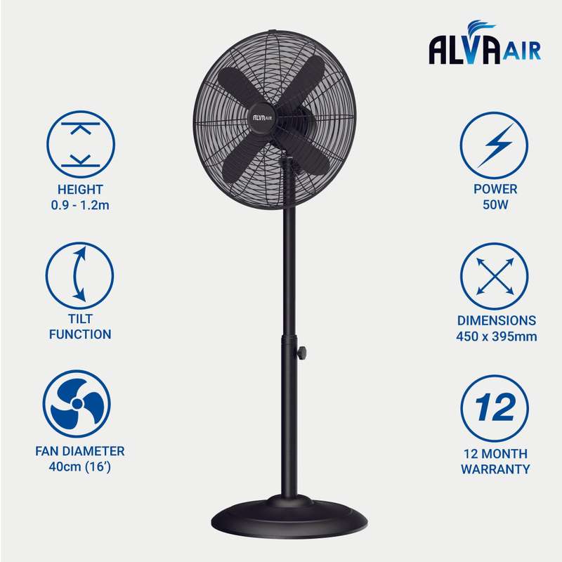 Alva 40Cm Metal Telescopic Pedestal Fan 1.2M Tall (Matte Black)
