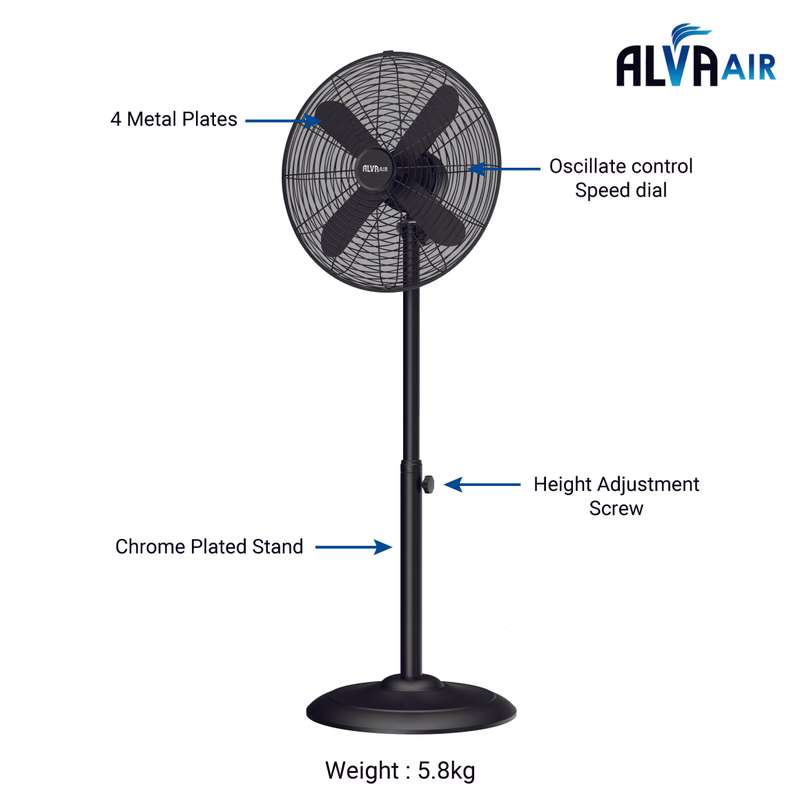 Alva 40Cm Metal Telescopic Pedestal Fan 1.2M Tall (Matte Black)