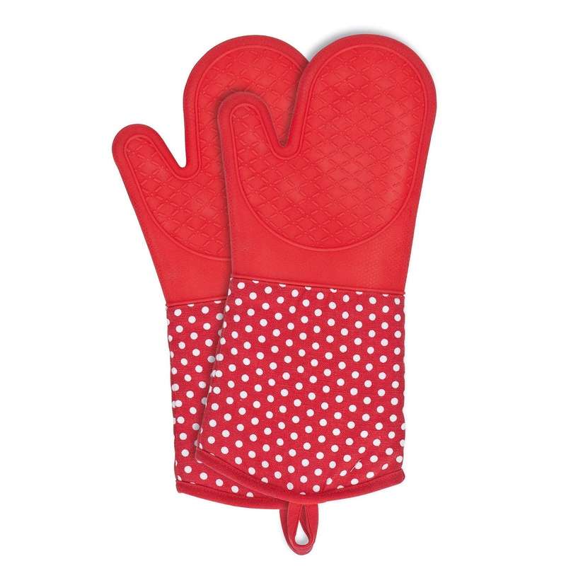 Oven Gloves Silicone 2 Pcs Red W/ White Dots