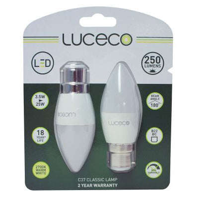 B35 Candle, 2 Pk, B22, 3 W, 250 Lm, Warm White, Non Dim Led Globe