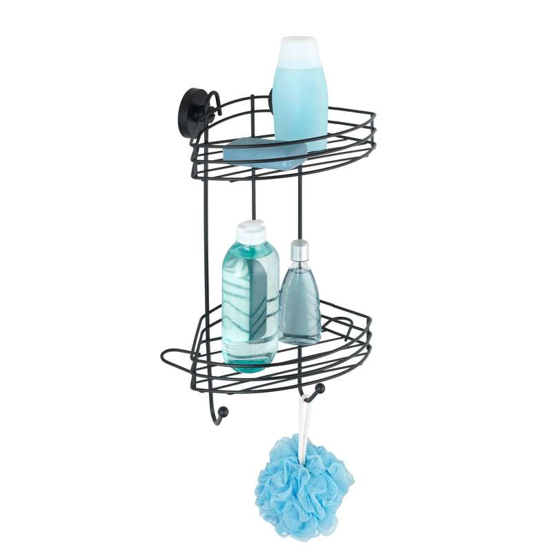 Vacuum Locâ® 2 Tier Corner Rack Black Wall Shelf No Drilling