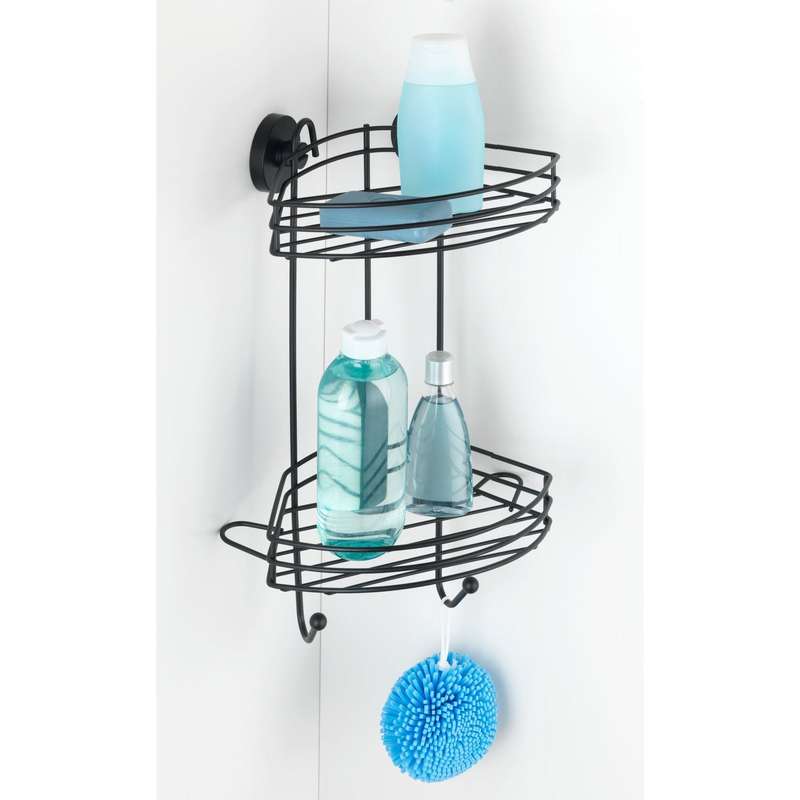 Vacuum Locâ® 2 Tier Corner Rack Black Wall Shelf No Drilling