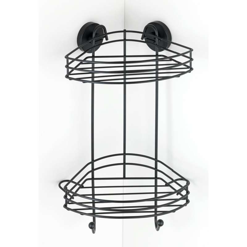 Vacuum Locâ® 2 Tier Corner Rack Black Wall Shelf No Drilling