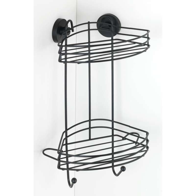 Vacuum Locâ® 2 Tier Corner Rack Black Wall Shelf No Drilling