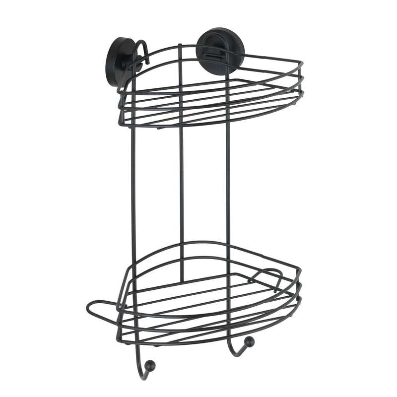 Vacuum Locâ® 2 Tier Corner Rack Black Wall Shelf No Drilling