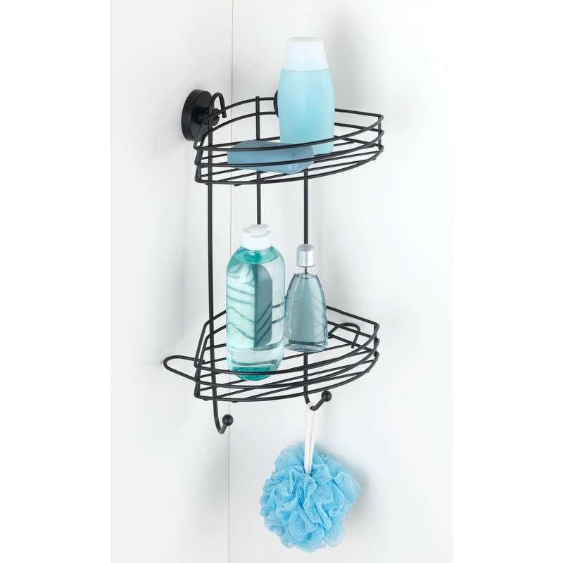 Vacuum Locâ® 2 Tier Corner Rack Black Wall Shelf No Drilling