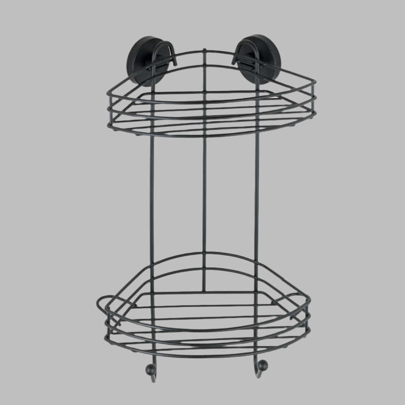 Vacuum Locâ® 2 Tier Corner Rack Black Wall Shelf No Drilling