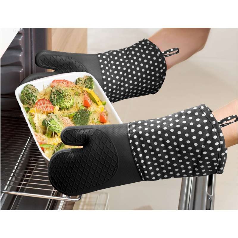 Oven Gloves Silicone 2 Pcs Black W/ White Dots