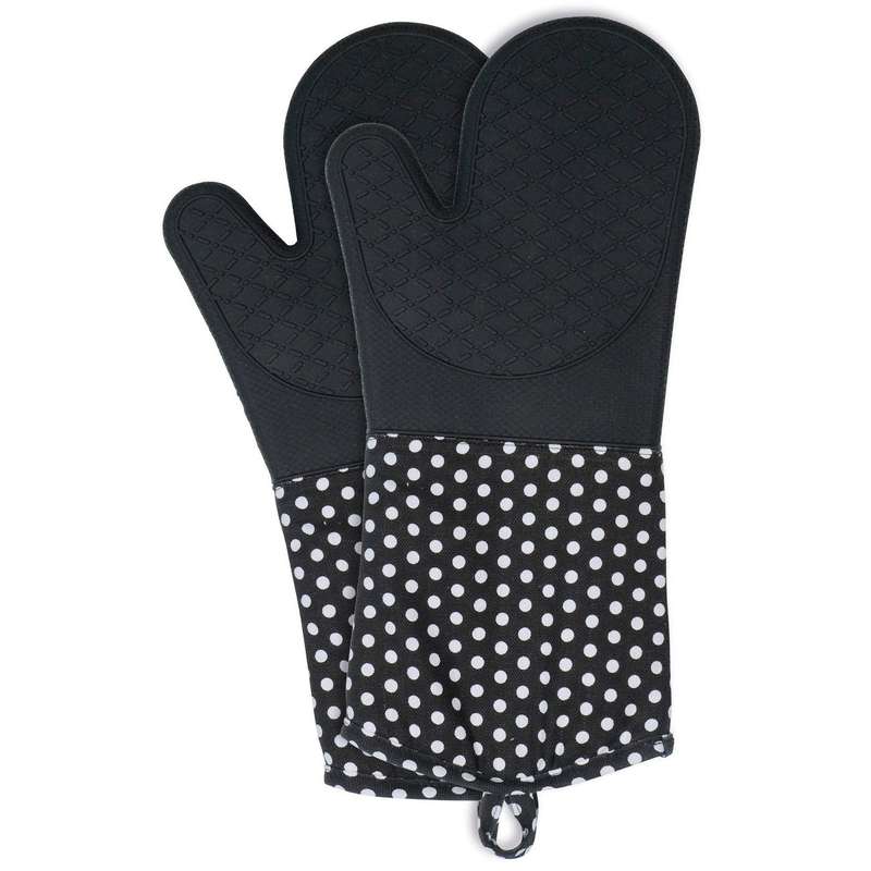 Oven Gloves Silicone 2 Pcs Black W/ White Dots