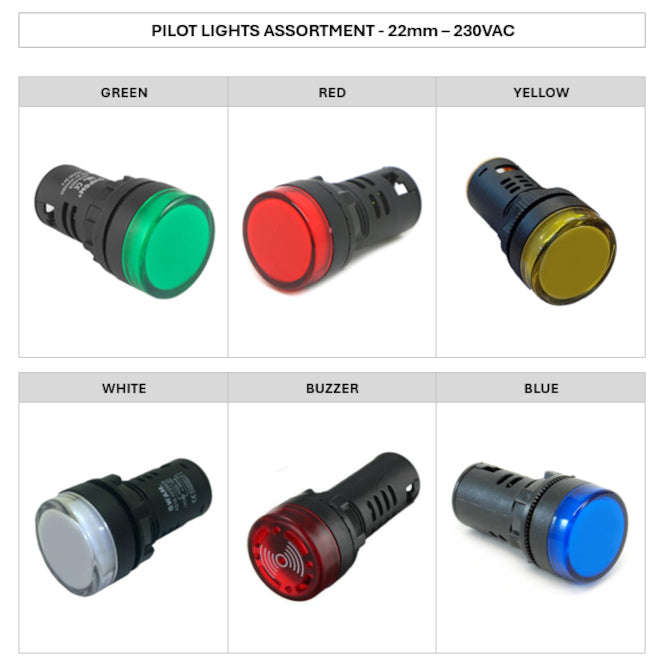 Assortment Of 22mm 230 V Led Pilot Lights ( 12 Pcs, 2 Of Ea. ) Ast Pl 22 230 1 A