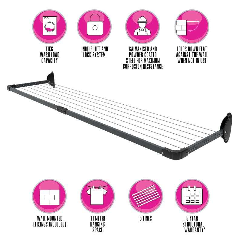 5 Line Slim Fold Down Wall Mounted Clothesline 11 M