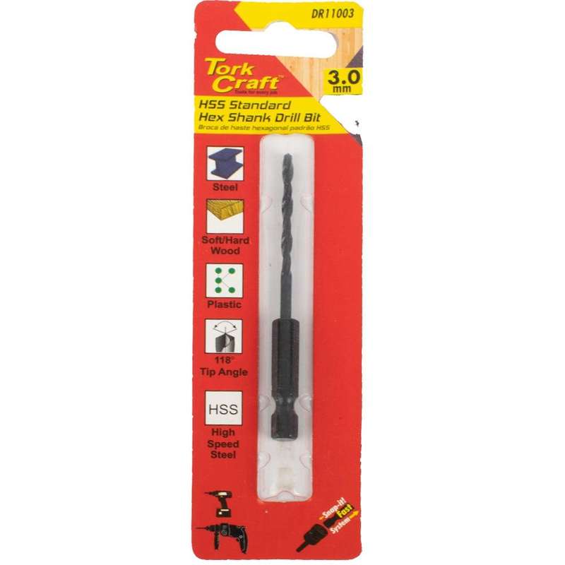 Drill Bit Hss Standard 3.0 Mm Hex Shank 1/Card