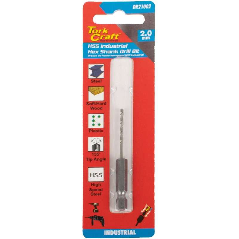 Drill Hss 2.0 Mm 135 Deg 1/Card Hex Shank Industrial Bit