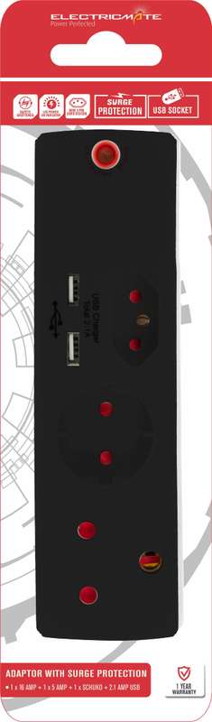 Adaptor 1 X16 A+1 X5 A+1 Sk+2 Usb Black+Surge