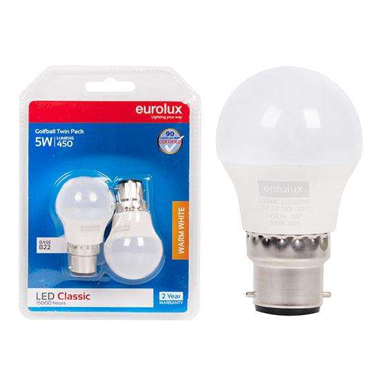 Golfball Classic 5w Led B22 3000 K Twin Pack Box N