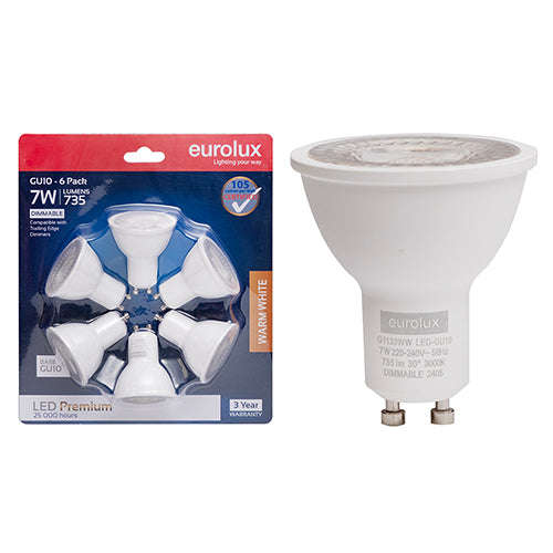 Gu10 Premium 7w Led 3000 K Dimmable 6 Pack Blister N