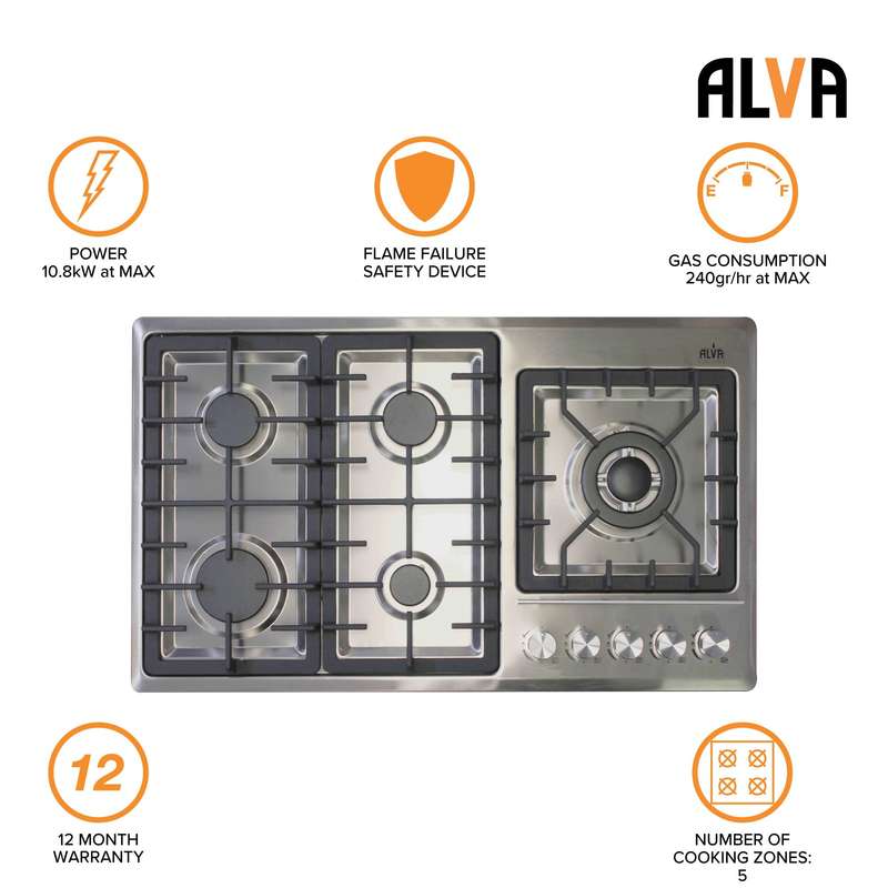 90cm 5 Burner Gas Hob Stainless Steel