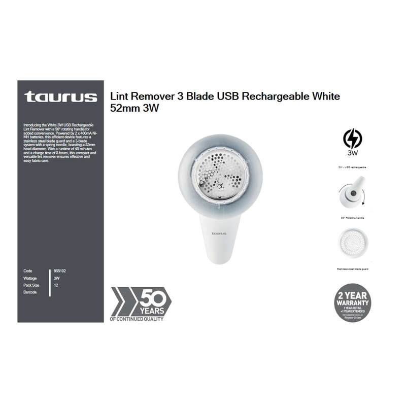 Taurus Lint Remov 3 Blade Usb Rech Wht 52 Mm 3 W