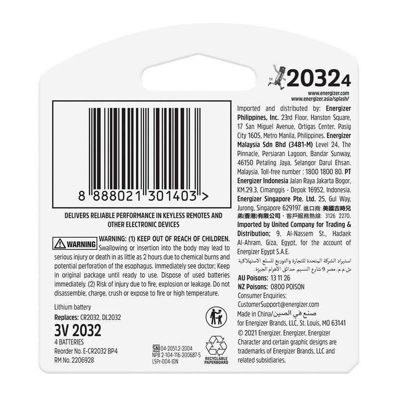 Energizer Battery Lithium Coin 3 V Cr2032 4 Pack