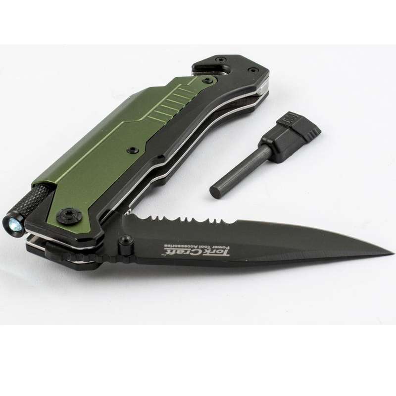 Knife Survival Green With Led Light & Fire Starter In Double Blister