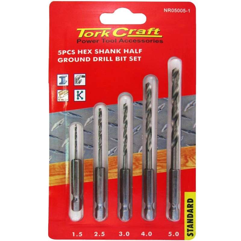 Drill Bit Set 5 Pcs Hss Half Ground Hex Shank 1.5/2.5/3/4/5 Mm Polished