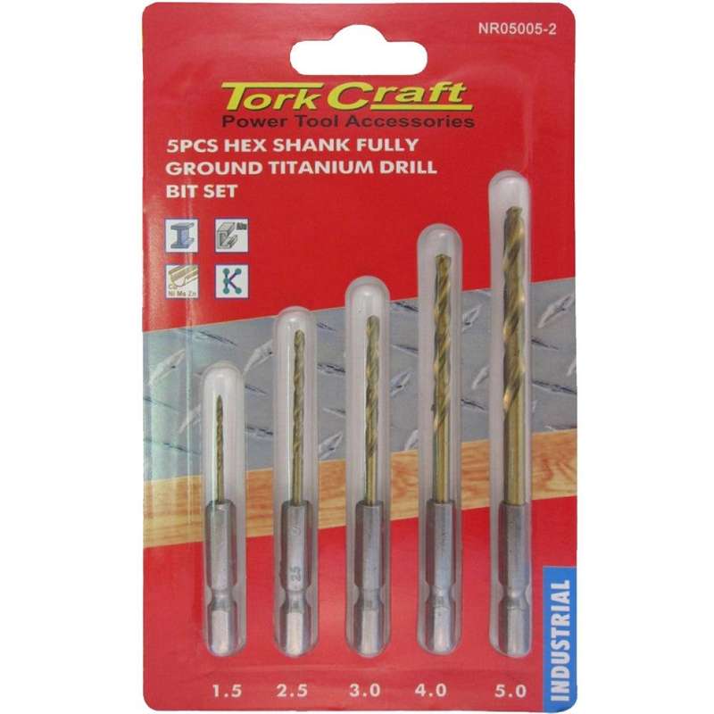Drill Bit Set 5 Pcs Hss Fully Ground Titanium Hex Shank 1.5/2.5/3/4/5 Mm