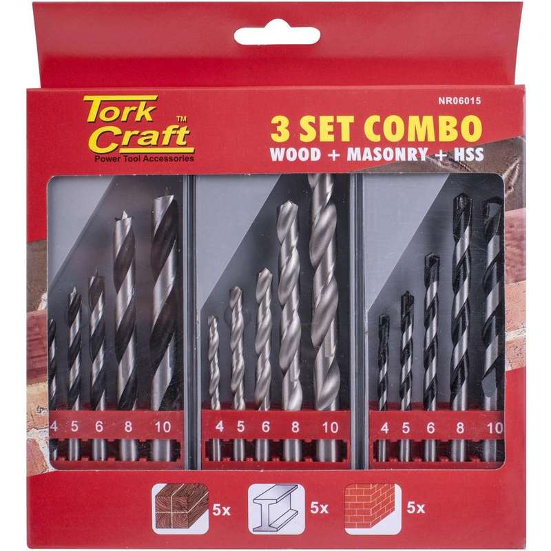 Drill Bit 3 Set Combo Wood + Masonry + Hss