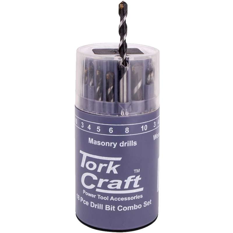 Drill Bit 18 Set Combo Wood + Masonry + Hss In Plastic Container