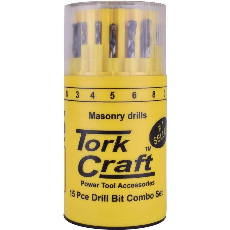 Drill Bit 15 Pc Set Combo Wood + Masonry + Hss In Plastic Container
