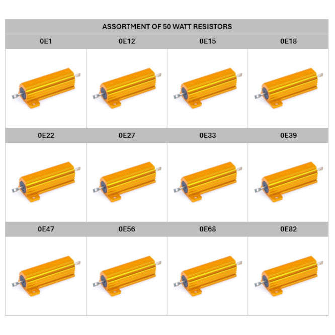 Assortment Of 12 Values Of 50 W Alu Clad Resistors 0 E1 To 0 E82 Res Ass 50 W Lv1