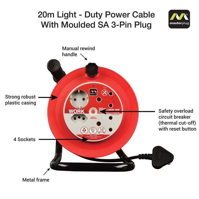 Light Duty 20m Cable Open Reel 4 Socket Without Switch