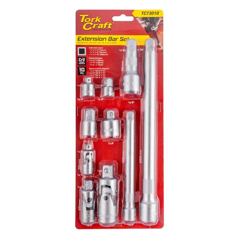 10 Pc Adaptor & Extention Set 1/2', 1/4', 3/8'