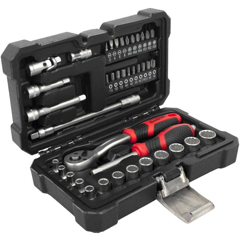 Socket & Ratchet Drive Set 40 Pc 1/4' Crv 12 Point 4 4.5 5 5.5 6 14 Mm