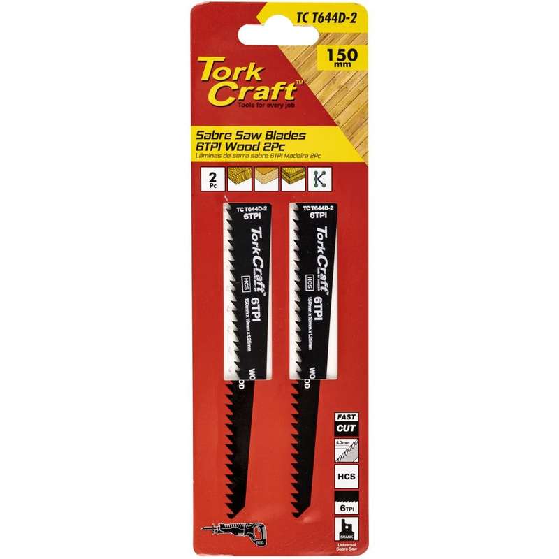 Sabre Saw Blade 150 X 4.3 Mm 6 Tpi Wood 2 Pc