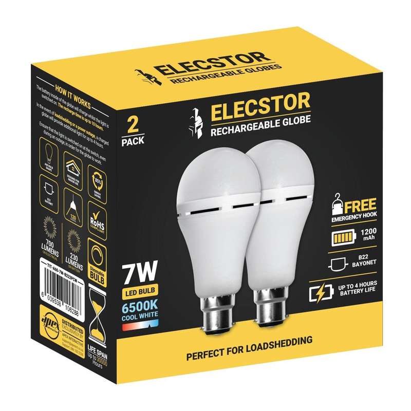Elecstor B22 7 W Rechargeable Cool White 2 Pack