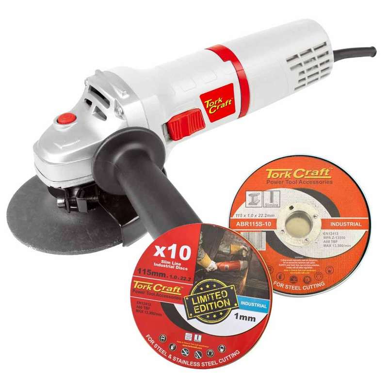 Angle Grinder 115 Mm Tcag0115 C/W 10 Pce 115 Mm Cutting Disc Promo Tin
