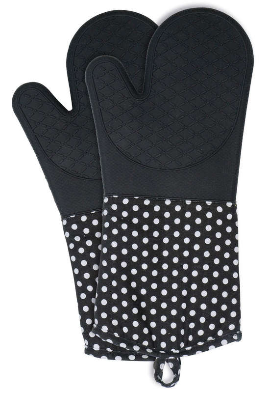Oven Gloves Silicone 2 Pcs Black W/ White Dots
