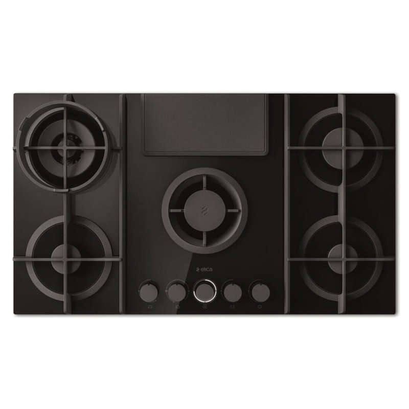 Elica 90 Cm 4 Burner Gas Hob With Downdraft Extractor Black Glass And Cast Iron Pot Grids