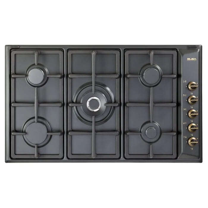 Elba Elio 90 Cm 5 Bnr Gas Hob With Central Wok Burner Black