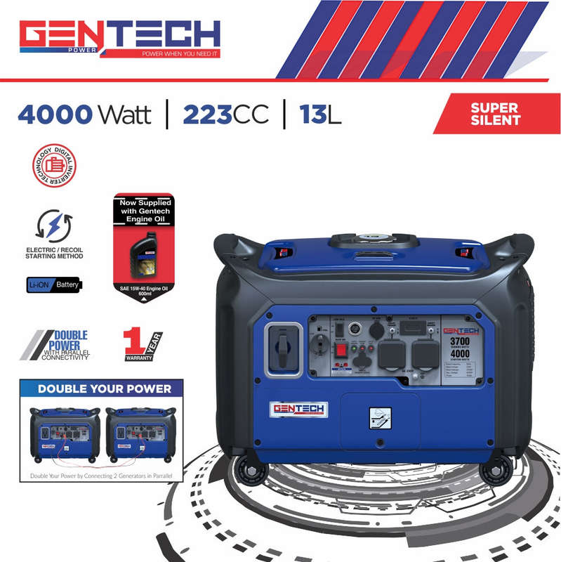 GENTECH POWER 4000 WATT DIGITAL PURE SINE WAVE INVERTER PETROL GENERATOR