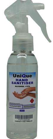 UniQue 125ml Hand Sanitiser Spray Bottle Retail Box No